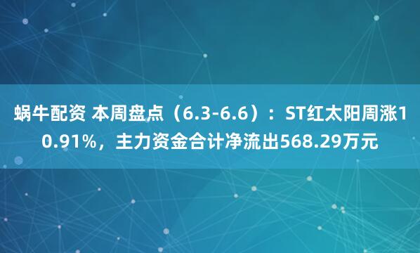 蜗牛配资 本周盘点（6.3-6.6）：ST红太阳周涨10.91%，主力资金合计净流出568.29万元